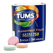 TUMS Extra Strength Assorted Fruit Antacid Chewable Tablets for Heartburn Relief, 3 rolls of 8ct Raclette Pills for Digestion