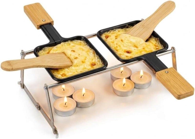Portable tabletop raclette grill set with two pans for outdoor use