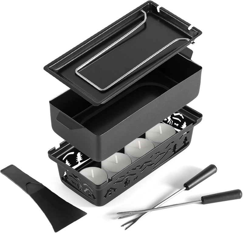 Swissmar Tandem 2-in-1 candle fondue and raclette set for portable use